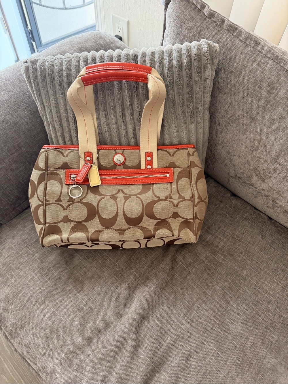 Coach Brown Signature Canvas Tote with Orange Trim